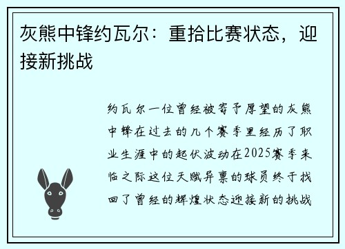 灰熊中锋约瓦尔：重拾比赛状态，迎接新挑战