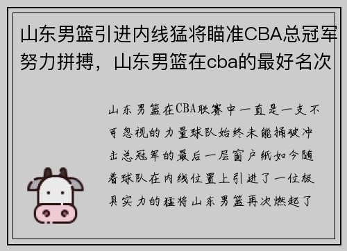 山东男篮引进内线猛将瞄准CBA总冠军努力拼搏，山东男篮在cba的最好名次