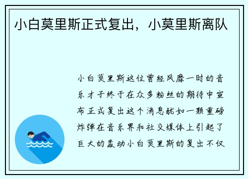 小白莫里斯正式复出，小莫里斯离队