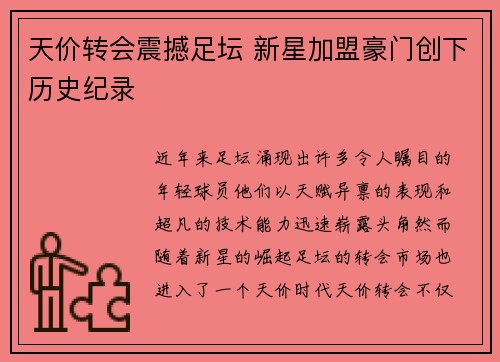 天价转会震撼足坛 新星加盟豪门创下历史纪录