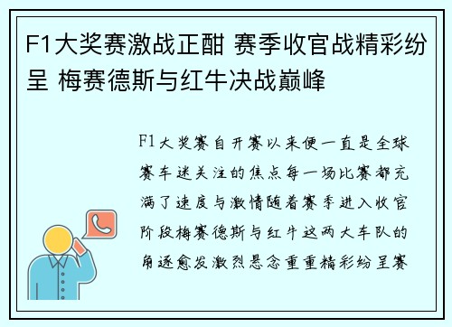 F1大奖赛激战正酣 赛季收官战精彩纷呈 梅赛德斯与红牛决战巅峰