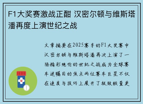 F1大奖赛激战正酣 汉密尔顿与维斯塔潘再度上演世纪之战