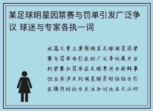 某足球明星因禁赛与罚单引发广泛争议 球迷与专家各执一词